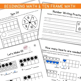 50-Page Beginning Math & Ten Frame Worksheet Set DOWNLOAD