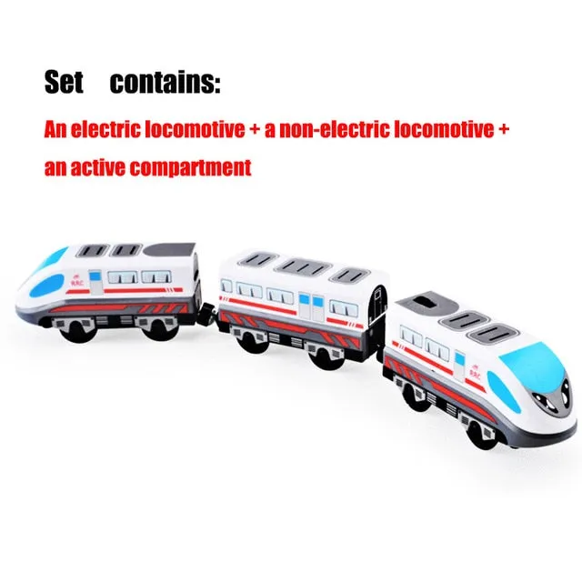 Kids Electric Train Toys Magnetic Slot Diecast Electric Railway with Two Carriages Train Wood Toy FIT T-hmas Wooden Brio Tracks