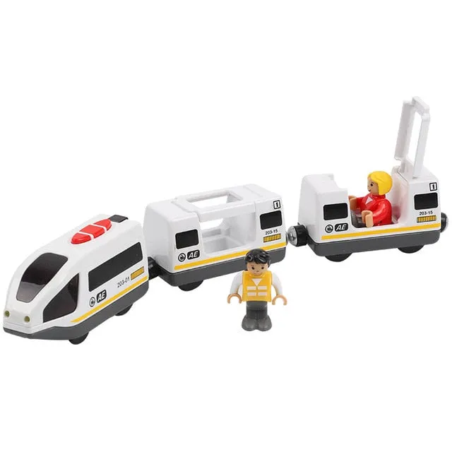 Kids Electric Train Toys Magnetic Slot Diecast Electric Railway with Two Carriages Train Wood Toy FIT T-hmas Wooden Brio Tracks